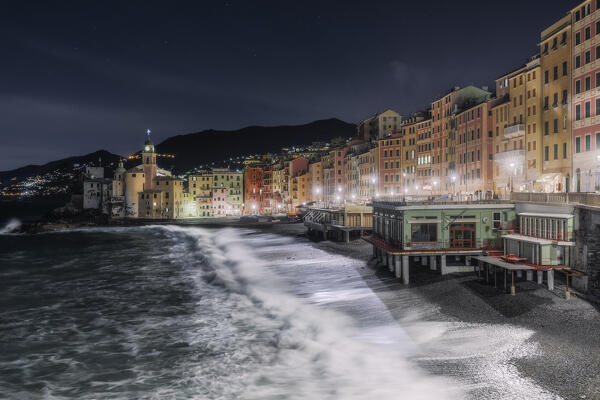 Night during the storm in Camogli, municipality of Camogli, Genoa province, Liguria, Italy, Europe
