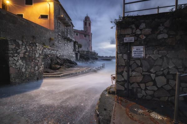 Long exposure at the blue hour on the small port of the village of Tellaro, municipality of Lerici, La Spezia province, Liguria district, Italy, Europe