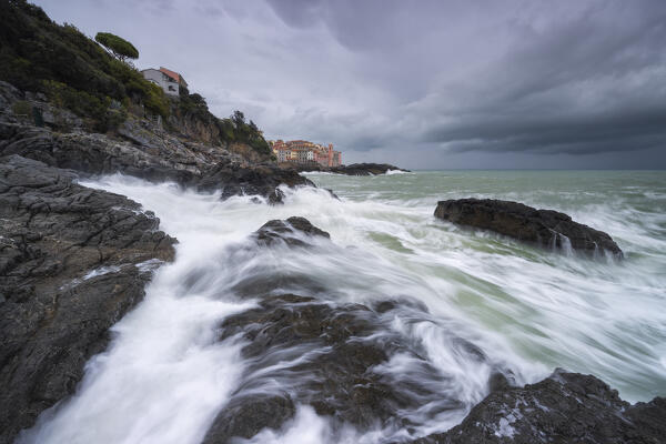 Rough sea on the cliff of Tellaro, municipality of Lerici, La Spezia province, Liguria district, Italy, Europe
