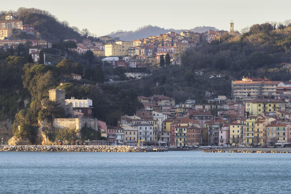 Shot with the telephoto lens on the village of San Terenzo and above Pitelli, municipality of Lerici, La Spezia province, Liguria district, Italy, Europe