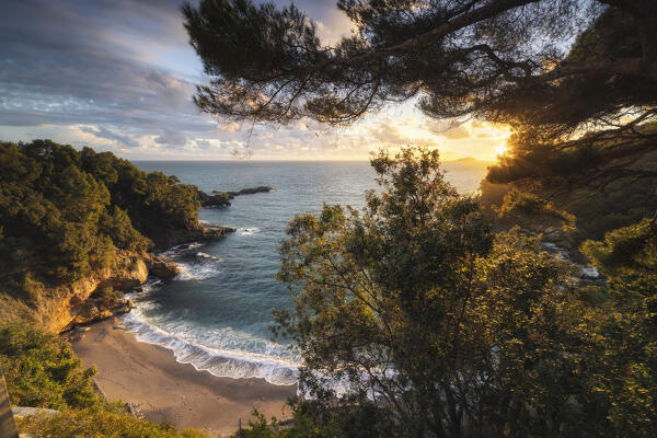 Sunset on the beach of Eco del Mare, Tellaro, municipality of Lerici, La Spezia province, Liguria district, Italy, Europe