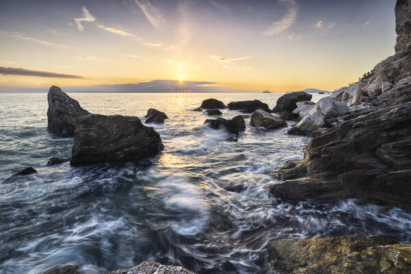 Sunset on the cliff of Punta Corvo, municipality of Ameglia, La Spezia province, Liguria, Italy, Europe
