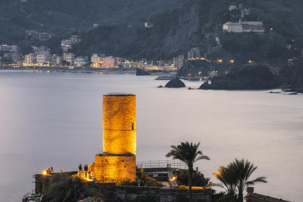 Evening shot on the tower of the Doria Castle in Vernazza, Monterosso al Mare in the background, Unesco World Heritage Site, National Park of Cinque Terre, municipality of Vernazza, La Spezia province, Liguria district, Italy, Europe