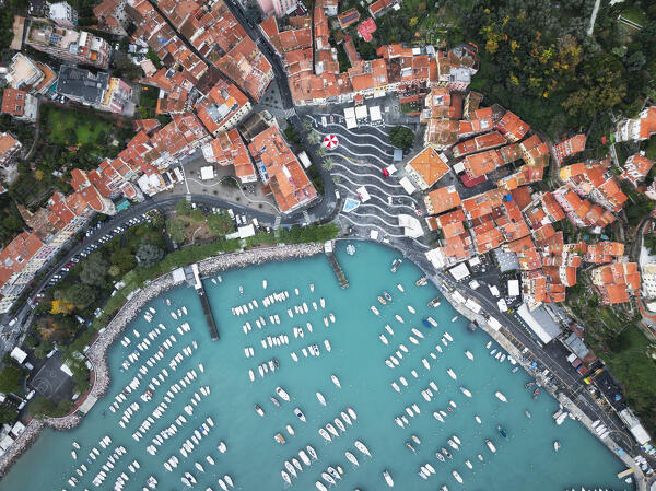 Aerial shot over the town of Lerici and Piazza Giuseppe Garibaldi, municipality of Lerici, La Spezia province, Liguria district, Italy, Europe