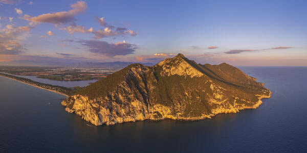 Panoramic aerial view of the Circeo mountain at sunset, Circeo National Park, Pontine flats, Latina province, Latium, Central Italy, Italy, Southern Europe, Europe