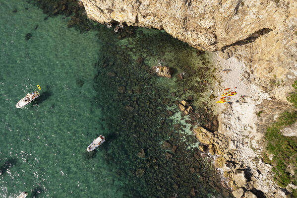 View from above of the Circeo seaside with kayaks and canoes on the beach, Prigionieri's bay, Circeo National Park, Pontine flats, Latina province, Latium, Central Italy, Italy, Southern Europe, Europe