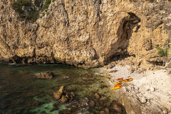 View from above of the Circeo seaside with kayaks and canoes on the beach, Prigionieri's bay, Circeo National Park, Pontine flats, Latina province, Latium, Central Italy, Italy, Southern Europe, Europe