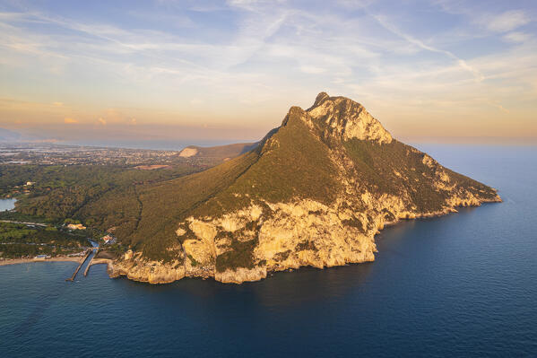Aerial view of the Circeo mountain at sunset, Circeo National Park, Pontine flats, Latina province, Latium, Central Italy, Italy, Southern Europe, Europe