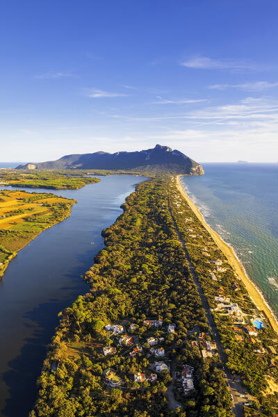 Panoramic aerial view of Sabaudia's coastal dune and Paola lake with Circeo mountain in the background during the golden hour, Sabaudia, Circeo National Park, Latina province, Latium, Central Italy, Italy, Europe
