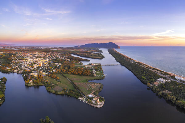 Panoramic aerial view of Sabaudia's lake and coastal dune at sunset, Sabaudia, Circeo National Park, Latina province, Latium, Central Italy, Italy, Europe