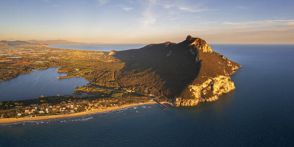 Panoramic aerial view of the Circeo massif and Sabaudia's beach and lake at sunset, Sabaudia, Circeo National Park, Latina province, Latium, Central Italy, Italy, Europe