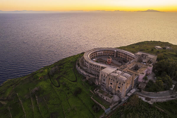 The panopticon prison on top of Santo Stefano Island at sunrise, Santo stefano and Ventotene Islands, Pontine Islands archipelago, Tyrrhenian Sea, Latina province, Latium, Italy, Europe