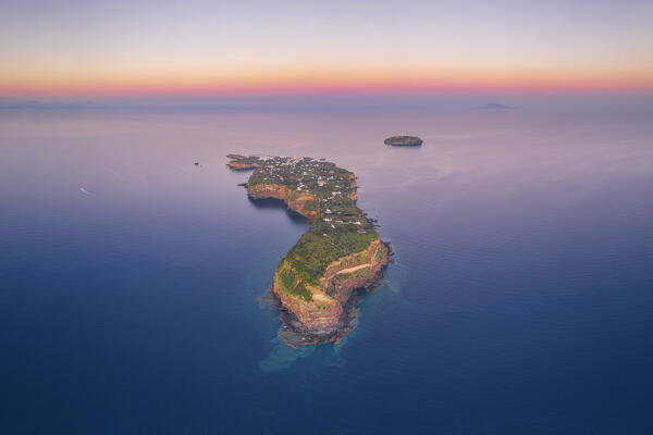 Aerial point of view of Ventotene Island at dusk, Santo Stefano and Ventotene Islands, Pontine Islands archipelago, Tyrrhenian Sea, Latina province, Latium, Italy, Europe