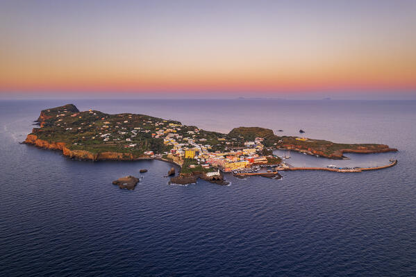 Aerial view of the island of Ventotene at dawn, Ventotene Islands, Pontine Islands Archipelago, Tyrrhenian Sea, Latina province, Latium, Italy, Europe