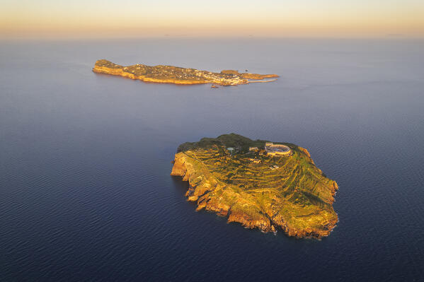 Aerial view of the islands of Ventotene and Santo Stefano at sunrise, Pontine islands, Tyrrhenian sea, Mediterranean sea, Latina province, Latium, Central Italy, Italy, Southern Europe, Europe
