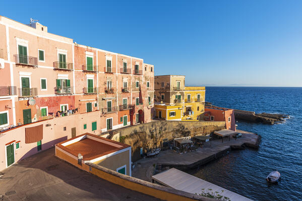Detail of the main street of the colourful village of Ventotene at sunshine, Ventotene island, Pontine islands, Tyrrhenian sea, Mediterranean sea, Latium, central Italy, Italy, Southern Europe, Europe.