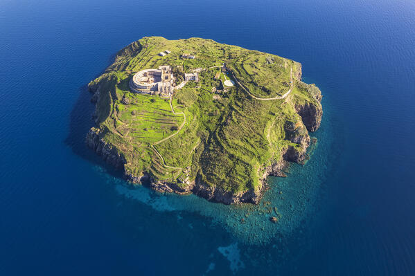 Aerial view of the rocky island of Santo Stefano with the panopticon prison, Pontine islands, Tyrrhenian sea, Mediterranean sea, Latina province, Latium, Central Italy, Italy, Southern Europe, Europe