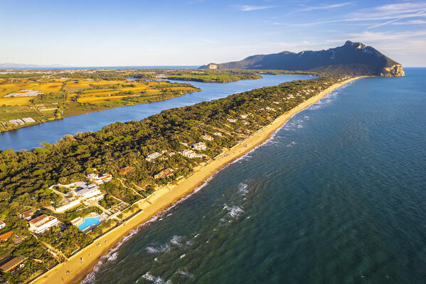 Aearial view of the golden beach with sand dunes of Sabaudia at sunset, Circeo National Park, Latium, Mediterranean Sea, Italy, Europe