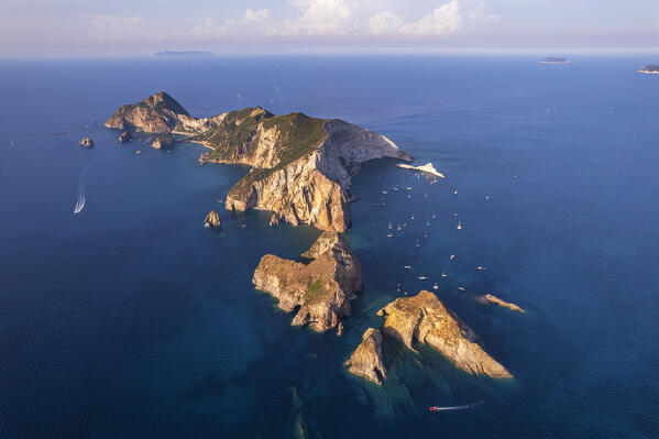 Aerial view of Palmarola island and sea stacks, Ponza municipality, Pontine archipelago, Latina province, Latium region, Tyrrhenian Sea, Italy, Europe