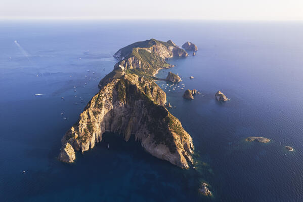 Drone shot of the rocky and wild island of Palmarola, Ponza municipality, Pontine archipelago, Latina province, Latium region, Tyrrhenian Sea, Italy, Europe