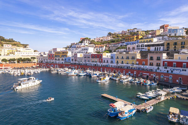 Aerial view of the marina of the island of Ponza with tradional colorful houses sea view in a sunny day, Ponza island, Pontine islands, Tyrrhenian Sea, Latina province, Latium, Italy, Europe