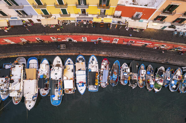 Aerial view of the harbour of Ponza with colorful facades and fishing vessels, Ponza island, Pontine islands, Tyrrhenian Sea, Latina province, Latium, Italy, Europe