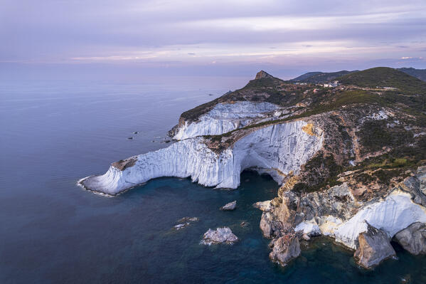 Capo Bianco promontory, the white chalk cliff on the west side of the island of Ponza, drone picture, Ponza island, Pontine islands, Tyrrhenian Sea, Latina province, Latium, Italy, Europe