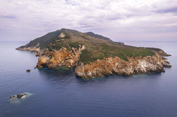 Aerial view of the rocky island of Zannone covered with wood and shrubs, Ponza municipality, Pontine islands, Tyrrhenian Sea, Circeo National Park, Latina province, Latium, Italy