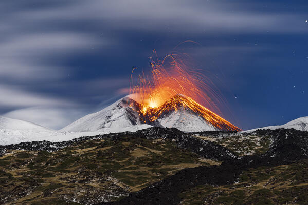 Winter scenery of the south-East crater of mount Etna during the eruption, night view with full moon, Piano Vetore, Regalna, Catania province, UNESCO World heritage Site, Sicily, Mediterranean Sea, Southern Italy, Italy, Southern Europe, Europe