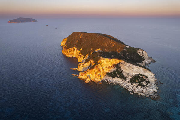 Uninhabited Gavi rocky island seen from the drone at sunset, Ponza municipality, Ponza island, Tyrrhenian Sea, Pontine Islands, Latina province, Latium, central Italy, Italy, Southern Europe, Europe