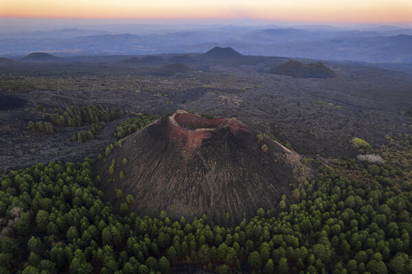 Aerial view of Etna craters surrounded by forest of coniferous in the black lava fields at sunrise, UNESCO word heritage site, Piano dei Grilli, Bronte, Catania province, Sicily, South of Italy, Italy, Europe