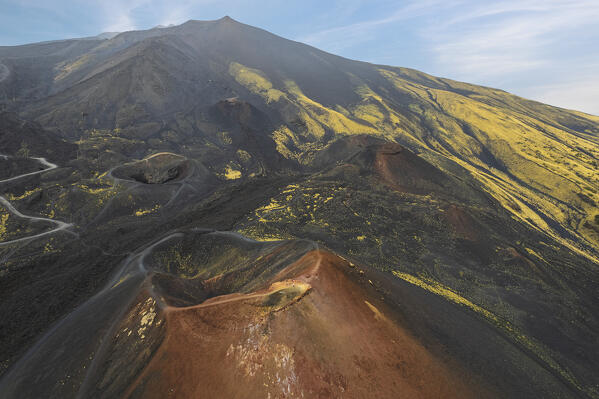 Detail aerial view of one of the mouth of Silvestri craters at the foot of volcano Etna, UNESCO word heritage site, Rifugio Sapienza, Etna Sud, Nicolosi, Catania province, Sicily, South of Italy, Italy, Europe