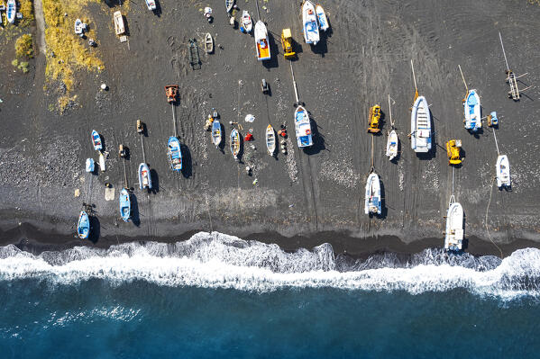 Small colorful boats on black lava beach of Stromboli, Stromboli island, Aeolian Islands, UNESCO World Heritage Site, Sicily, Tyrrhenian Sea, Mediterranean Sea, South of Italy, Italy, Southern Europe, Europe