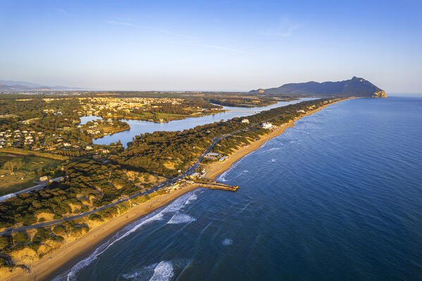 Aerial view of the golden beach and dune system of Sabaudia with Circeo peak in the background, sunset view, Sabaudia, Circeo National Park, Tyrrhenian Sea, Latina province, Latium, Central Italy, Italy, Southern Europe, Europe