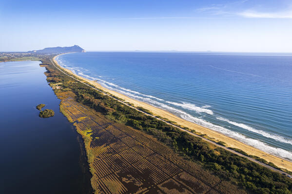Coastal dune system along the shoreline of Circeo National Park, aerial view, Sabaudia, Latina province, Latium, Central Italy, Italy, Southern Europe, Europe
