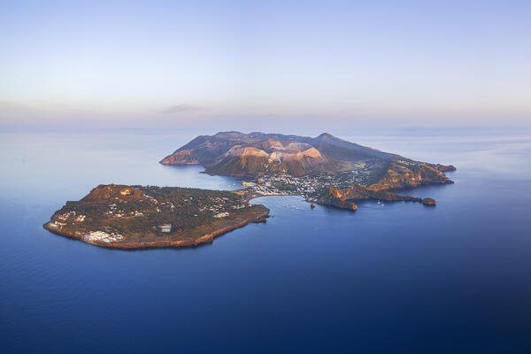Vulcano island at sunset seen from above, drone shot, Vulcano island, Aeolian islands, Messina province, Sicily, Tyrrhenian Sea, Mediterranean Sea, South of Italy, Italy, Europe