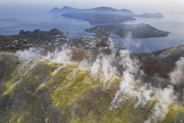 Volcanic gas emissions at the edge of the big crater of Vulcano island, drone view, Aeolian islands, Messina province, Sicily, Tyrrhenian Sea, Mediterranean Sea, South of Italy, Italy, Europe
