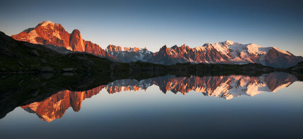 Europe, France, Haute Savoie, Chamonix Mont Blanc - Cheserys lake and the Mont Blanc Massif at sunset
