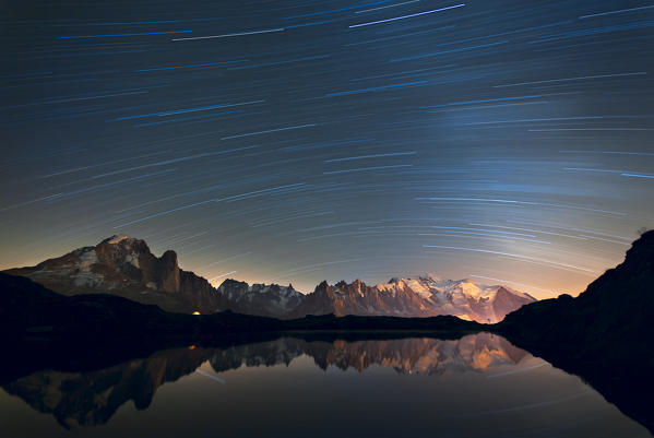 Europe, France, Haute Savoie, Chamonix Mont Blanc -Startrails over the  Cheserys lake and the Mont Blanc Massif