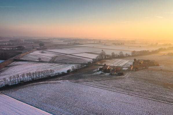 Aerial view of Pianura Padana (Po Valley) in winter, Alessandria province, Piedmont, Italy, Europe. 