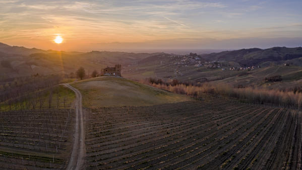 Panoramic aerial view of Oltrepo pavese hills at sunset, Pavia province, Lombardy, Italy, Europe. 