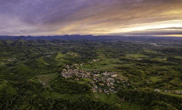 Aerial view of Tortona hills at sunset, Alessandria province, Piedmont, Italy, Europe. 