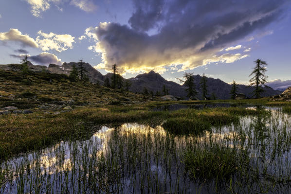 Lake Vallette at sunset, Mont Avic, Aosta province, Valle D'Aosta, Italy, Europe.