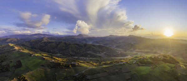 Aerial view of Alessandria hills at sunset, Alessandria province, Piedmont, Italy, Europe. 