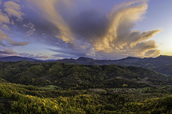 Aerial view of Alessandria hills at sunset, Alessandria province, Piedmont, Italy, Europe. 