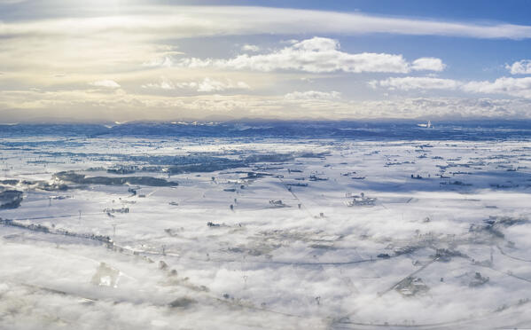 Aerial view of Pianura Padana in winter, Alessandria province, Po Valley, Piedmont, Italy, Europe. 