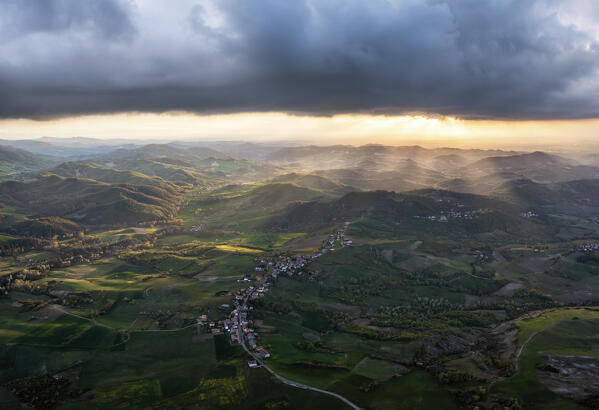 Panoramic aerial view of Oltrepo pavese hills at sunset, Pavia province, Lombardy, Italy, Europe. 