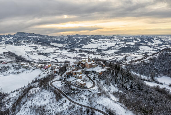 Winter aerial view of the town of Casasco in the Alessandria hills. Alessandria province, Piedmont, Italy, Europe. 
