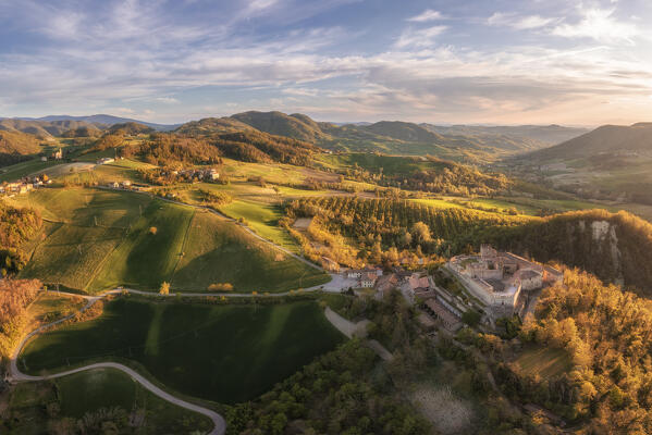 Aerial view of the Castle of Montesegale at sunset. Montesegale, Oltrepo wine region, Oltrepo, Lombardy, Italy, Europe.
