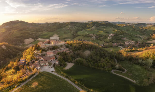 Aerial view of the Castle of Montesegale at sunset. Montesegale, Oltrepo wine region, Oltrepo, Lombardy, Italy, Europe.